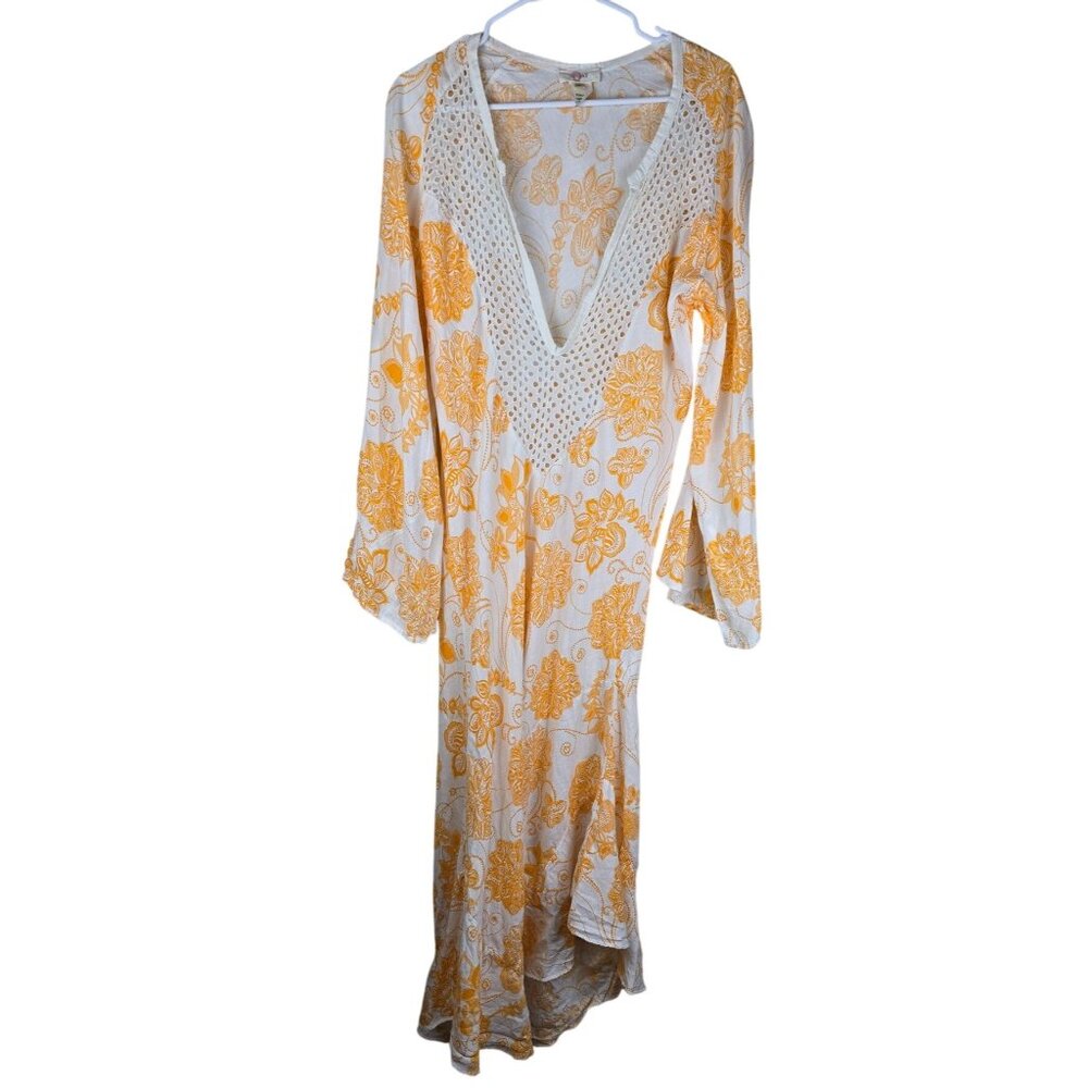 Sunday 100% Linen‎ Eyelet V-Neck Midi Dress/Beach Cover Up Floral Resort M - Picture 4 of 8